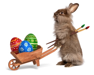 Funny Easter bunny rabbit with a wheelbarrow and some Easter egg